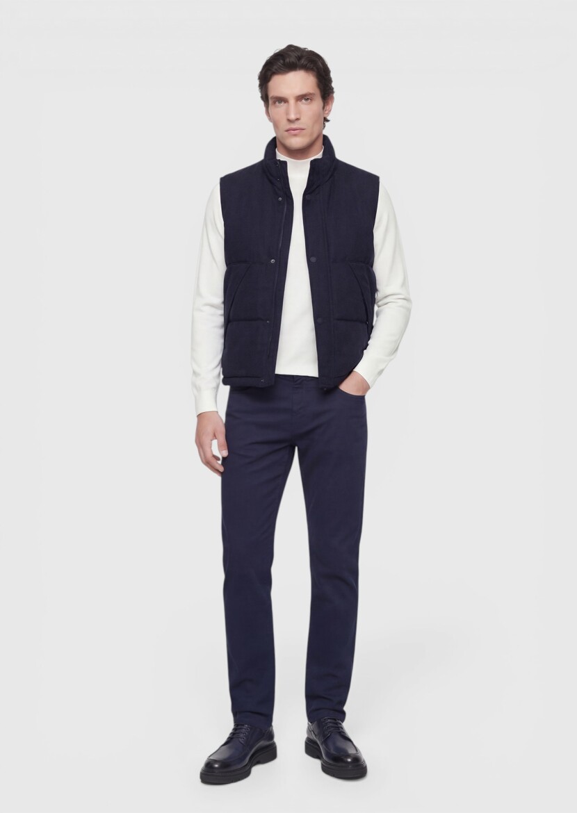 Navy Blue Regular Fit Turtleneck Casual Weaving Puffer Vest - 2