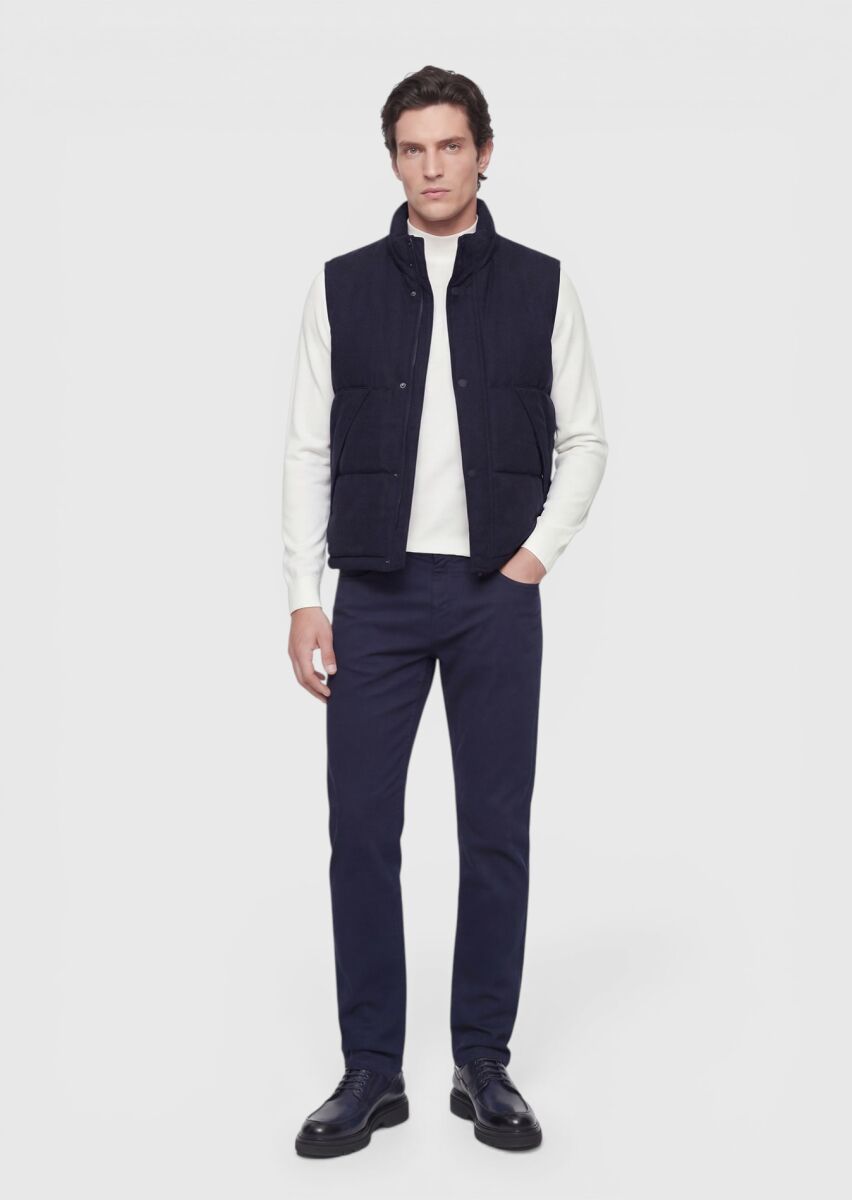 Navy Blue Regular Fit Turtleneck Casual Weaving Puffer Vest - 2