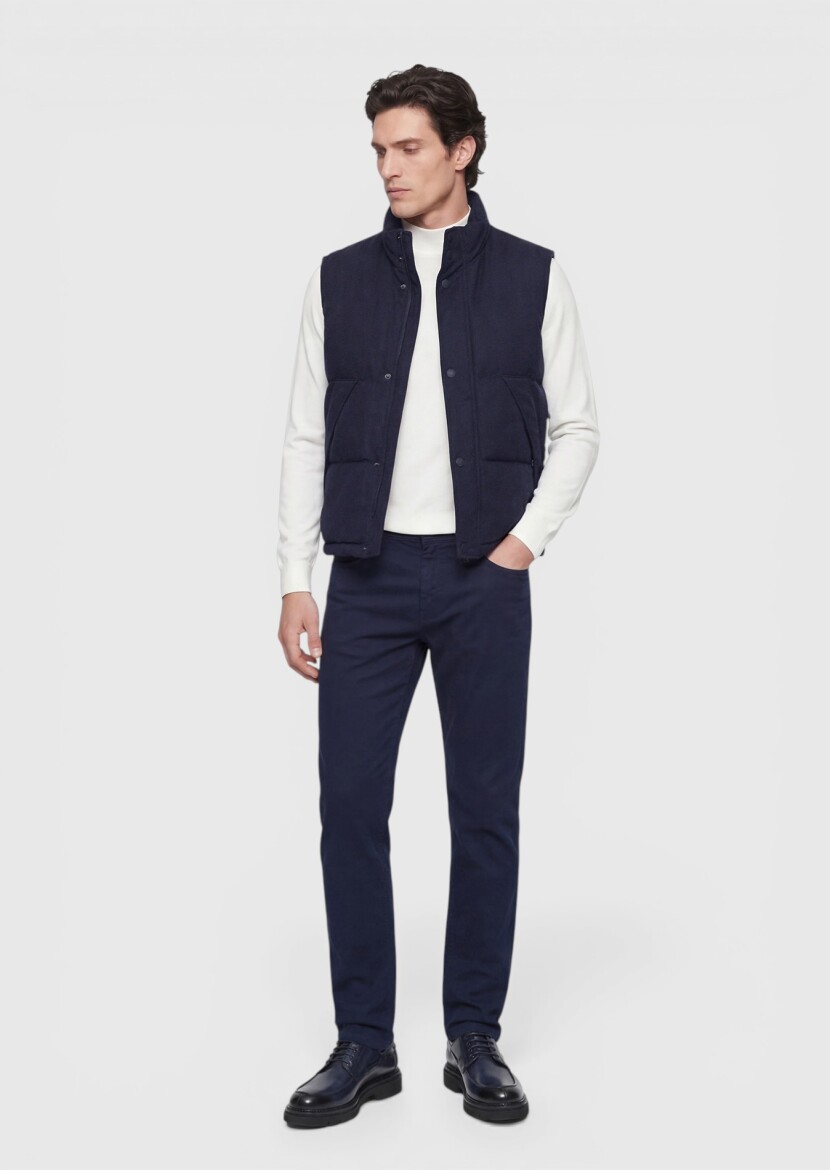 Navy Blue Regular Fit Turtleneck Casual Weaving Puffer Vest - 3