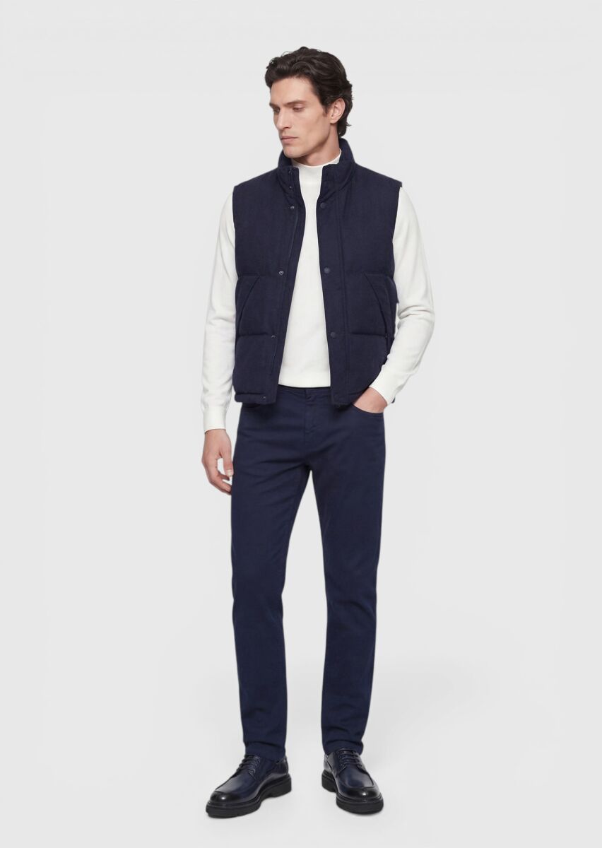 Navy Blue Regular Fit Turtleneck Casual Weaving Puffer Vest - 3