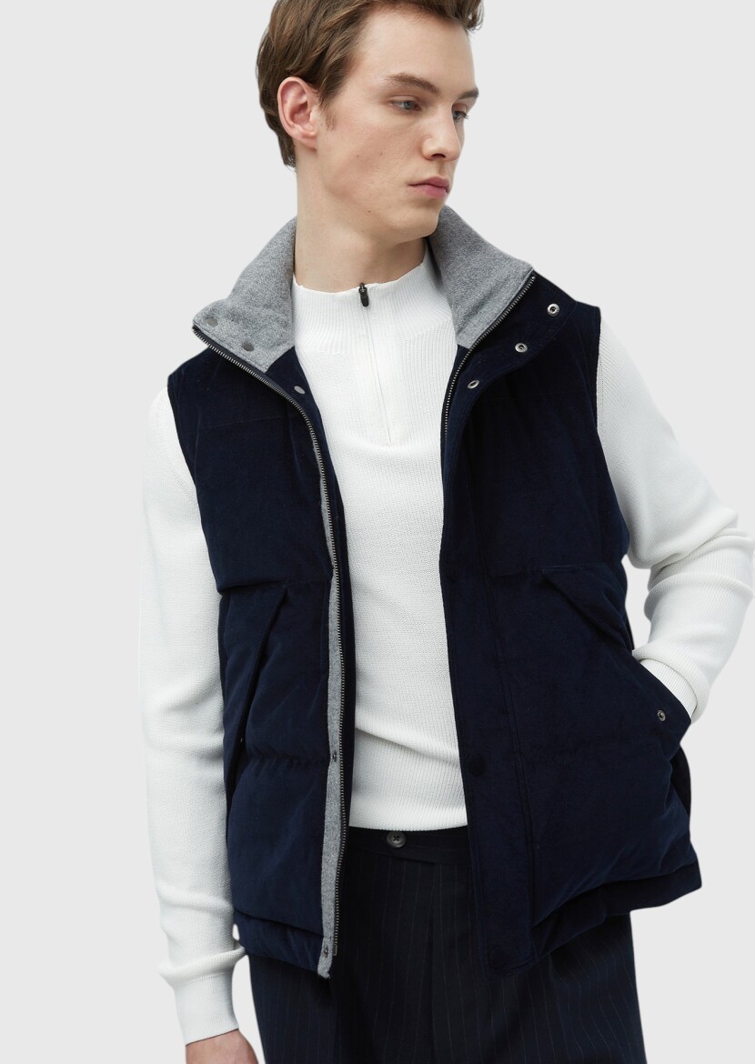 Navy Blue Regular Fit Turtleneck Casual Weaving Puffer Vest - RAMSEY