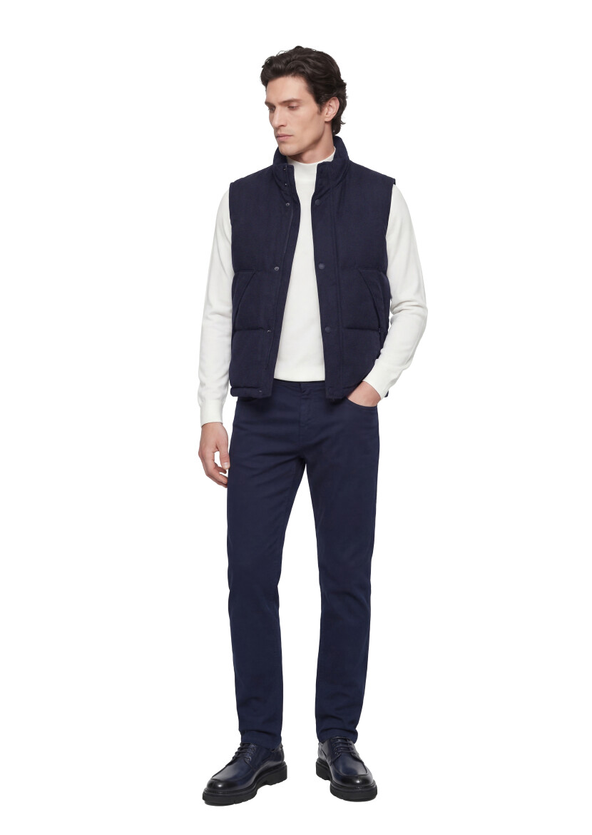 Navy Blue Regular Fit Turtleneck Casual Weaving Puffer Vest - 3