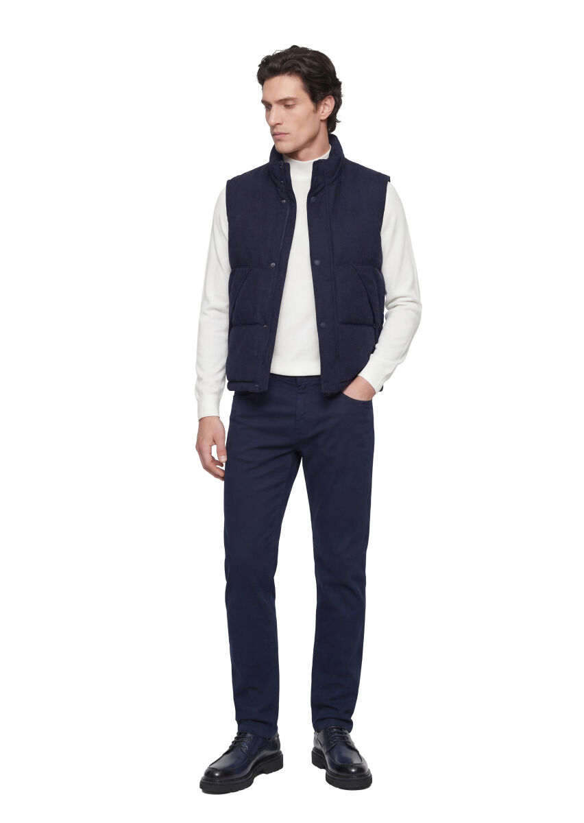 Navy Blue Regular Fit Turtleneck Casual Weaving Puffer Vest - 3