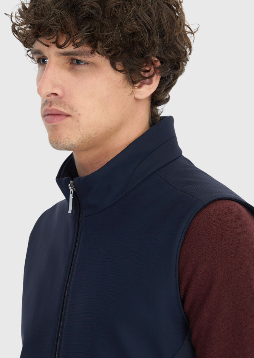 Navy Blue Regular Fit Turtleneck Casual Weaving Puffer Vest - 3