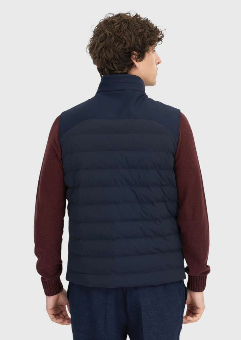 Navy Blue Regular Fit Turtleneck Casual Weaving Puffer Vest - 4