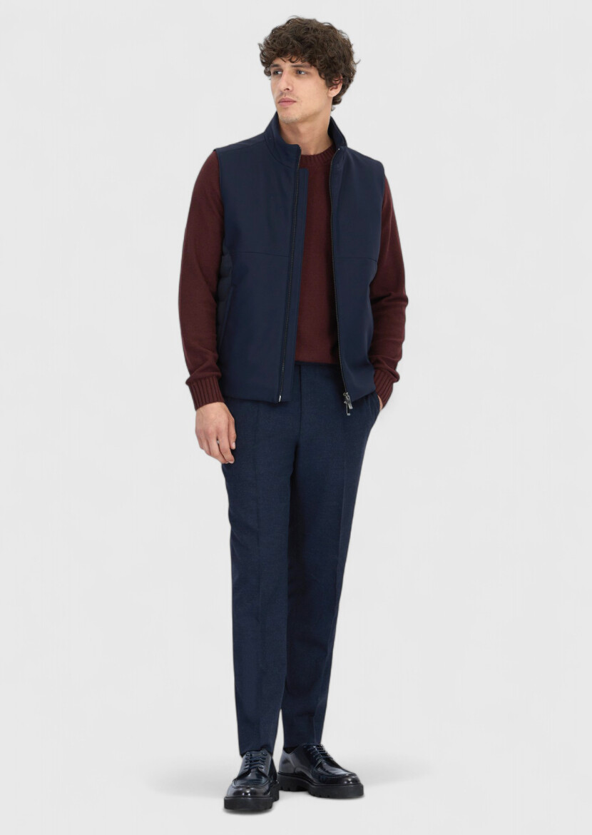 Navy Blue Regular Fit Turtleneck Casual Weaving Puffer Vest - RAMSEY