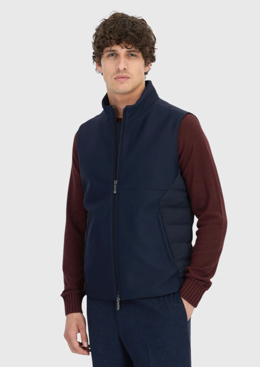 Navy Blue Regular Fit Turtleneck Casual Weaving Puffer Vest - RAMSEY