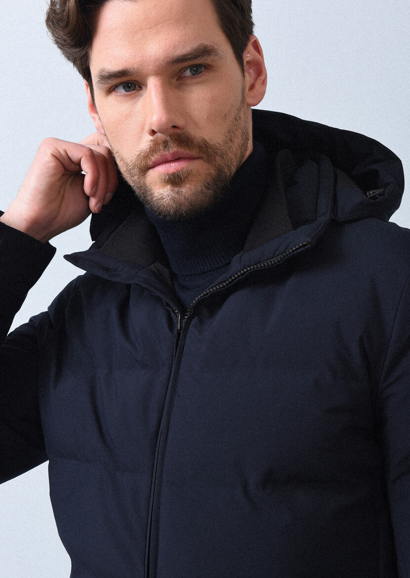 Navy Blue Regular Fit Turtleneck Denim Weaving Coat - 1