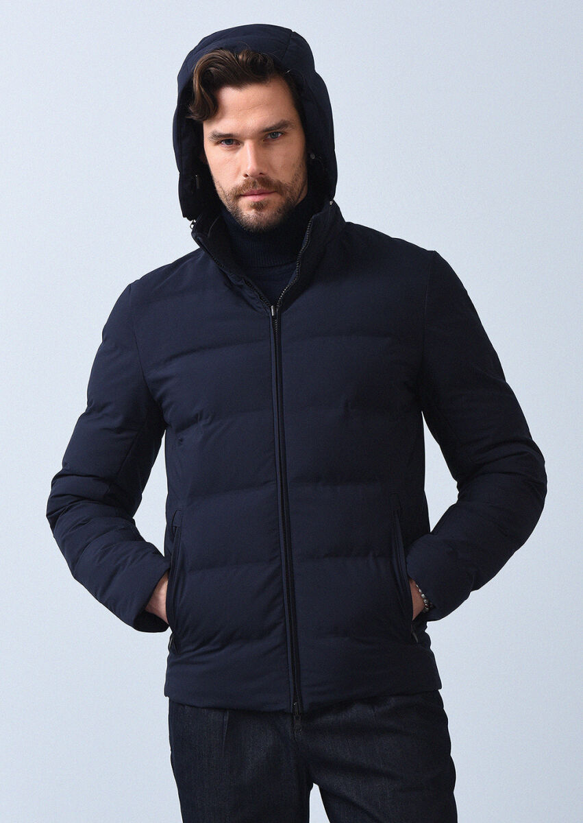 Navy Blue Regular Fit Turtleneck Denim Weaving Coat - 3