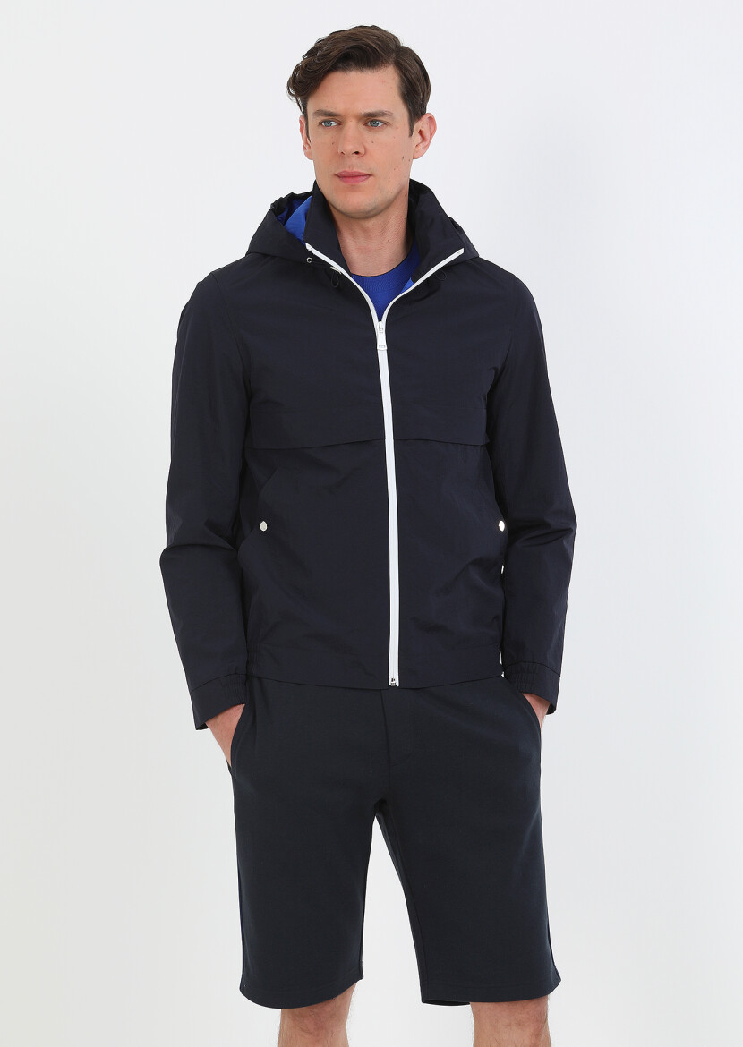 Navy Blue Regular Fit Turtleneck Denim Weaving Coat - 1