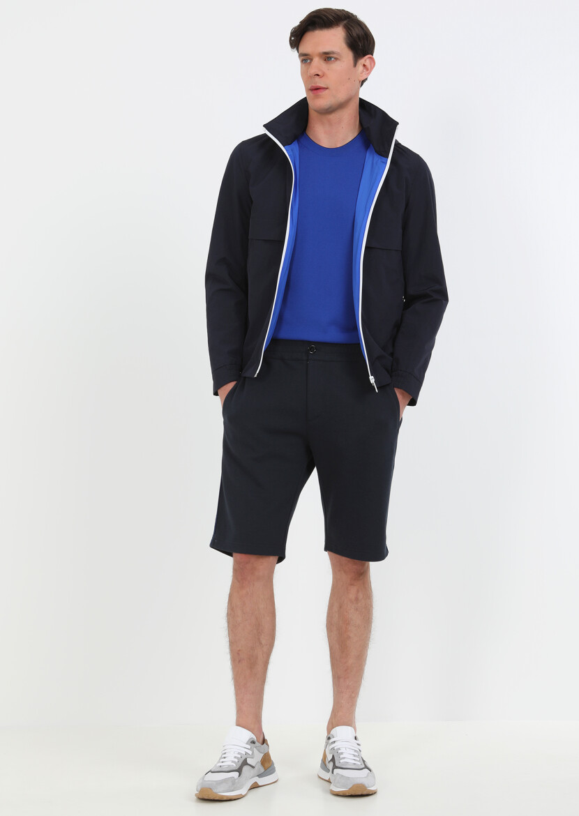 Navy Blue Regular Fit Turtleneck Denim Weaving Coat - 3