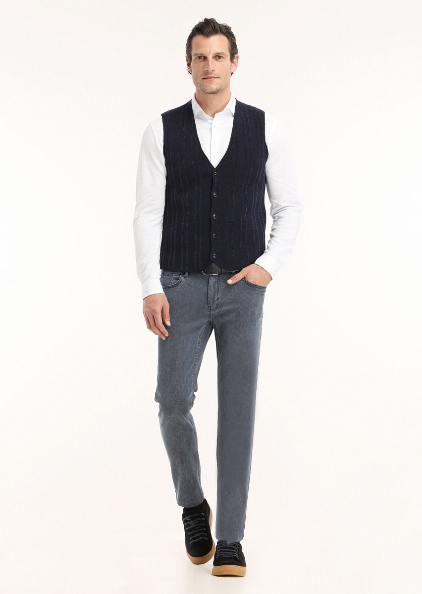 Navy Blue Regular Fit V-Neck Casual Knitting Knit Vest - 1