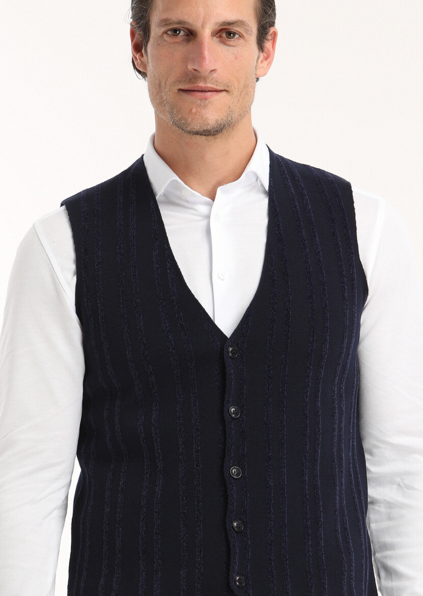 Navy Blue Regular Fit V-Neck Casual Knitting Knit Vest - 3