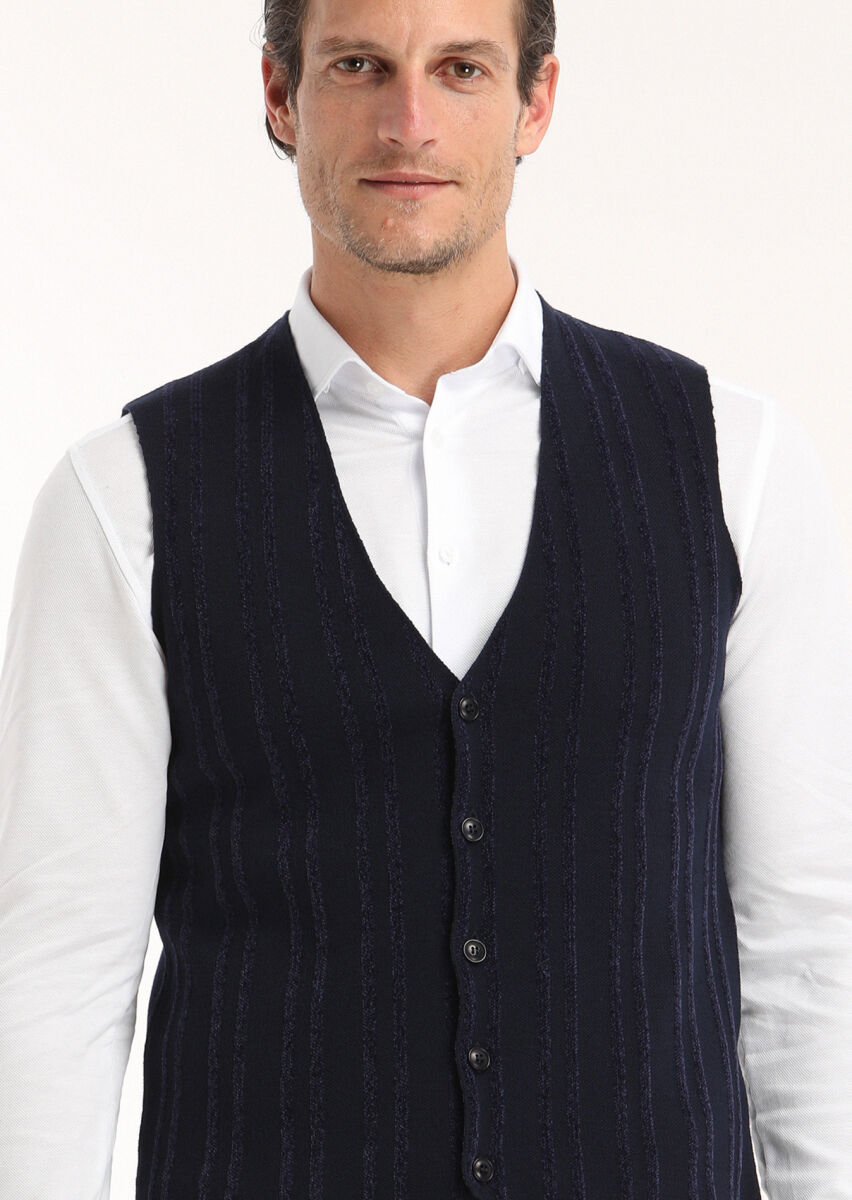 Navy Blue Regular Fit V-Neck Casual Knitting Knit Vest - 3