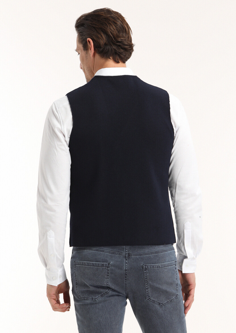 Navy Blue Regular Fit V-Neck Casual Knitting Knit Vest - 4
