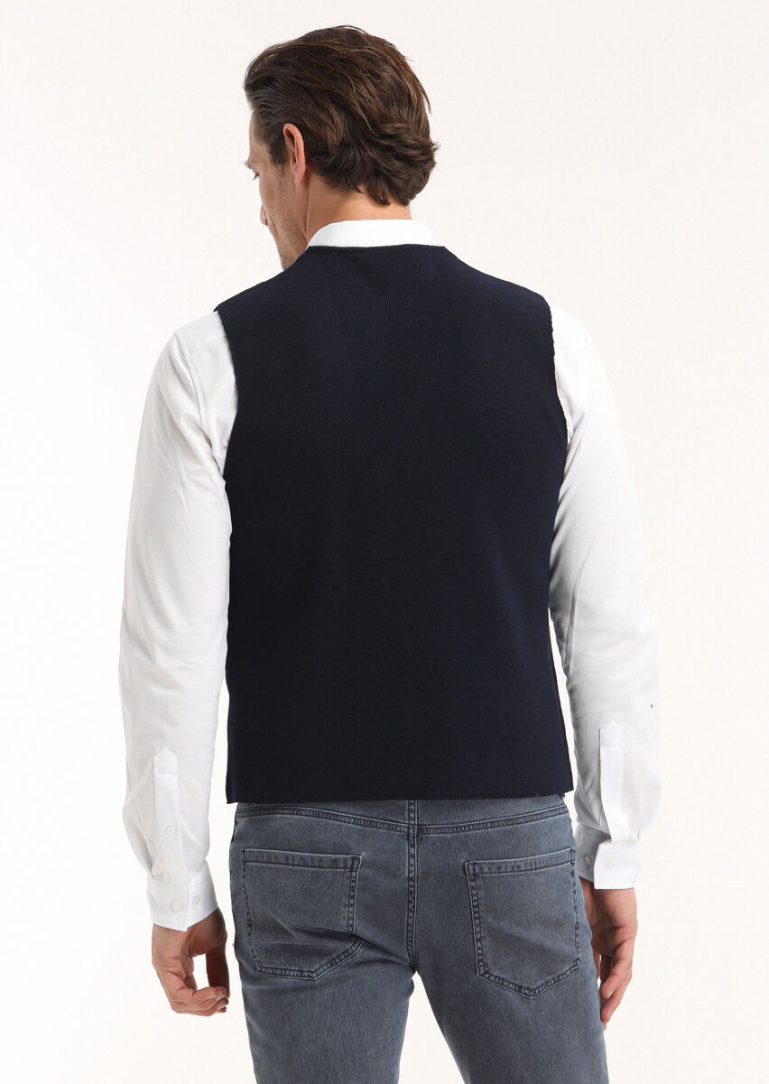 Navy Blue Regular Fit V-Neck Casual Knitting Knit Vest - 4