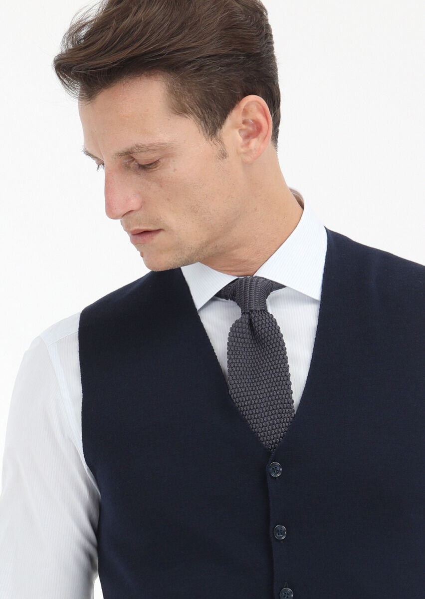 Navy Blue Regular Fit V-Neck Casual Knitting Knit Vest - 3