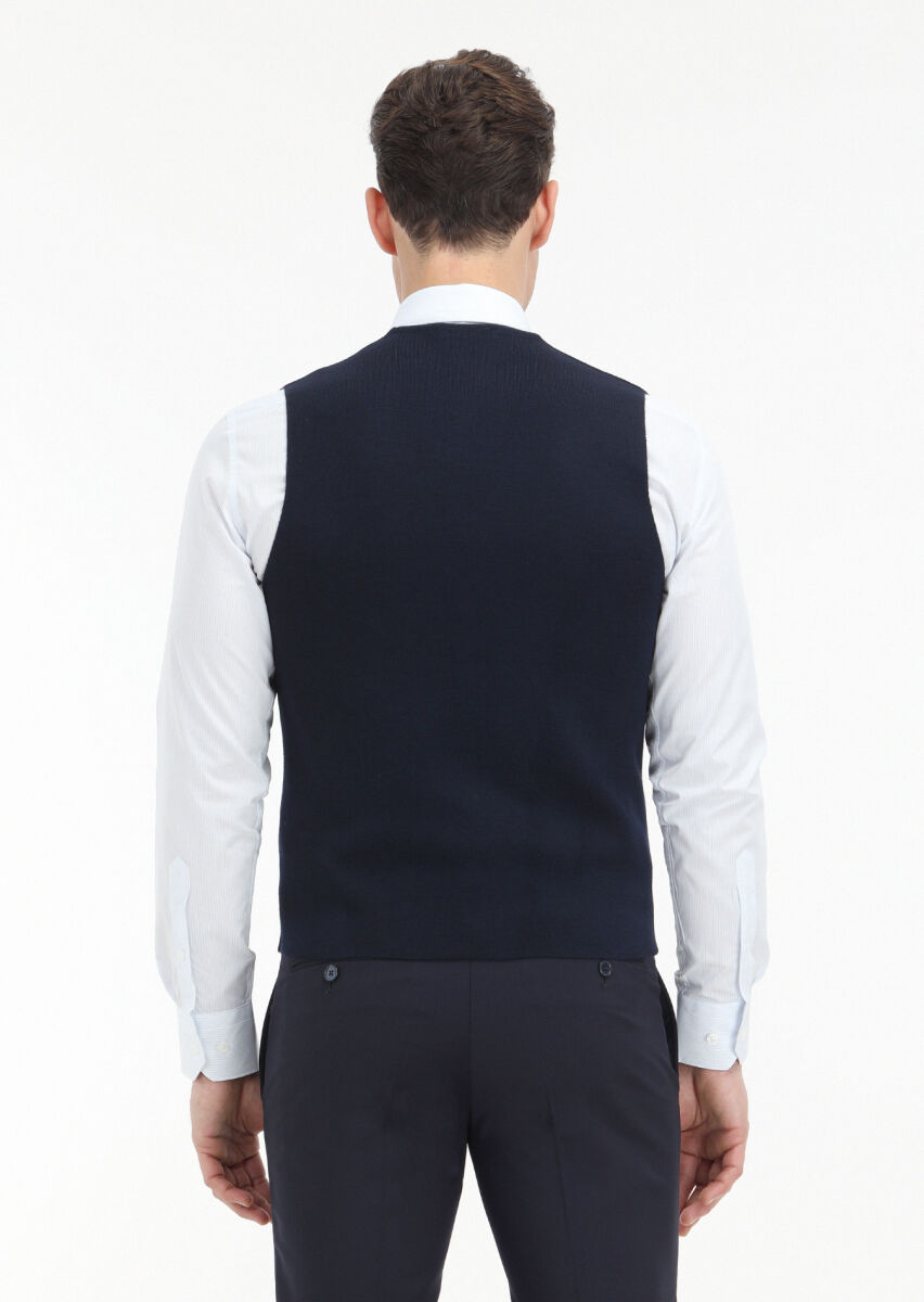 Navy Blue Regular Fit V-Neck Casual Knitting Knit Vest - 4