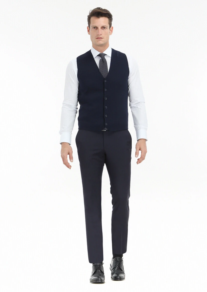 Navy Blue Regular Fit V-Neck Casual Knitting Knit Vest - 2