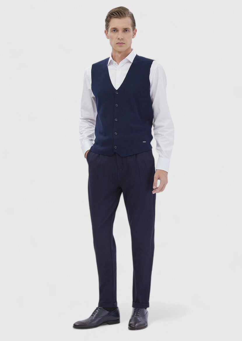 Navy Blue Regular Fit V-Neck Casual Knitting Knit Vest 
