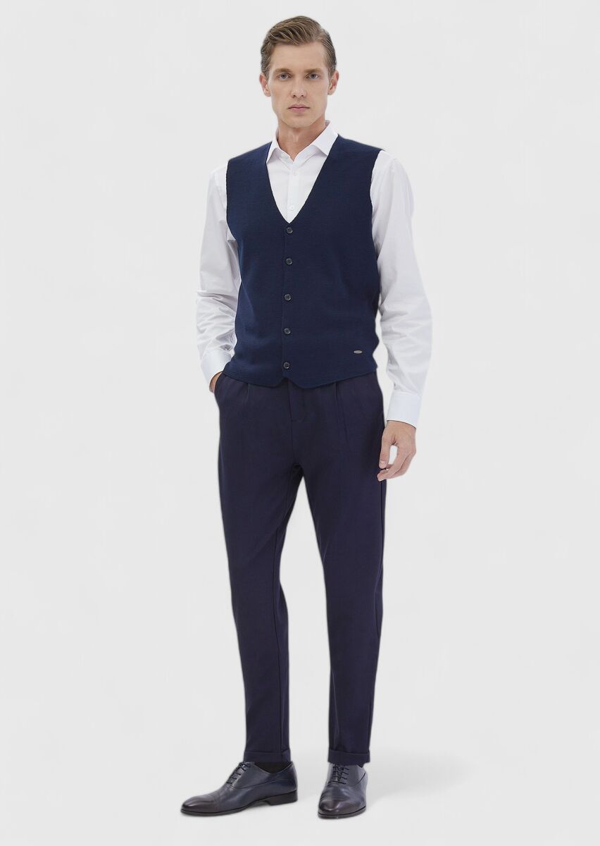 Navy Blue Regular Fit V-Neck Casual Knitting Knit Vest - 2