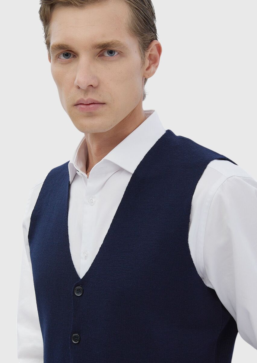 Navy Blue Regular Fit V-Neck Casual Knitting Knit Vest - 3