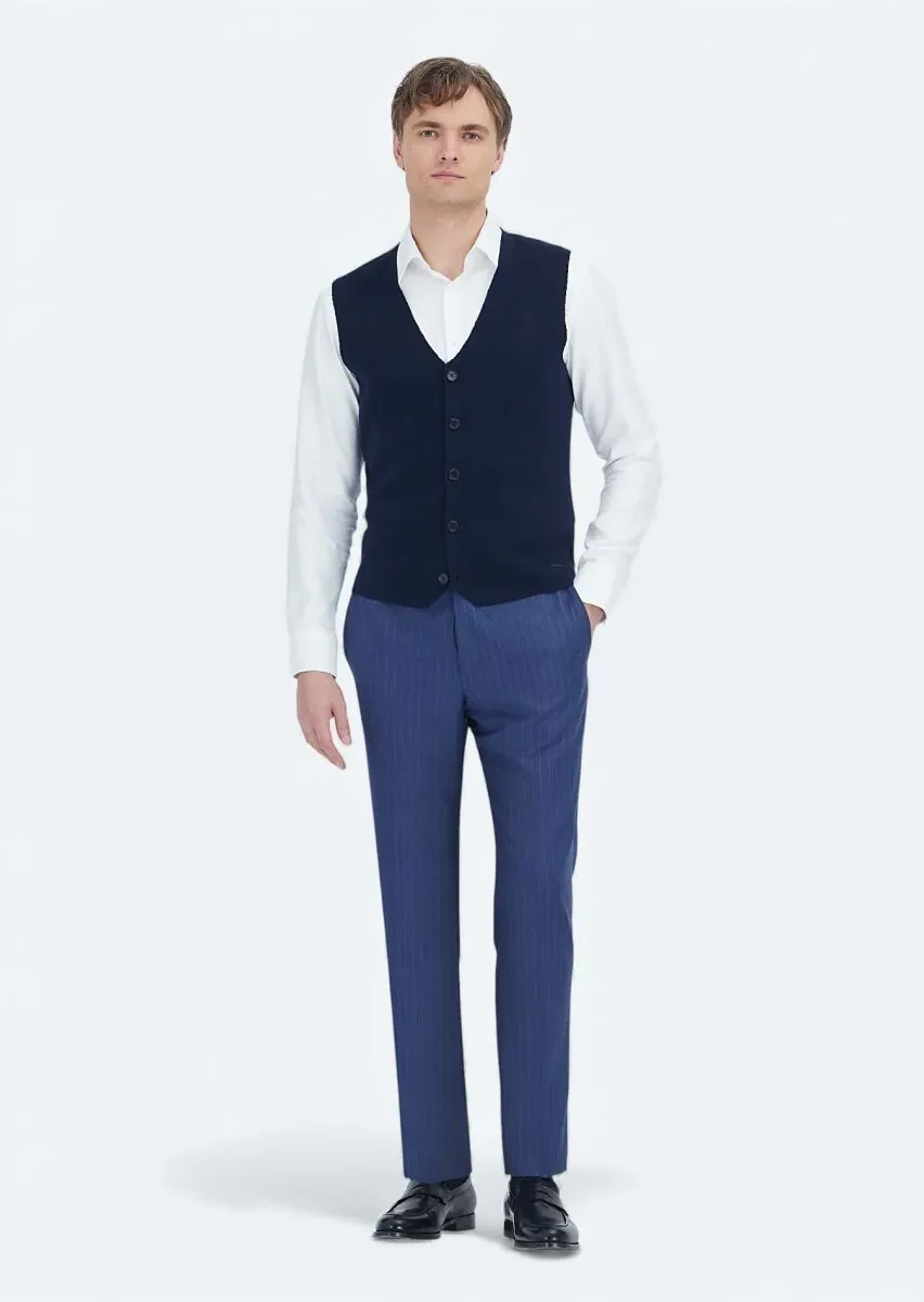 Navy Blue Regular Fit V-Neck Casual Knitting Knit Vest - 2