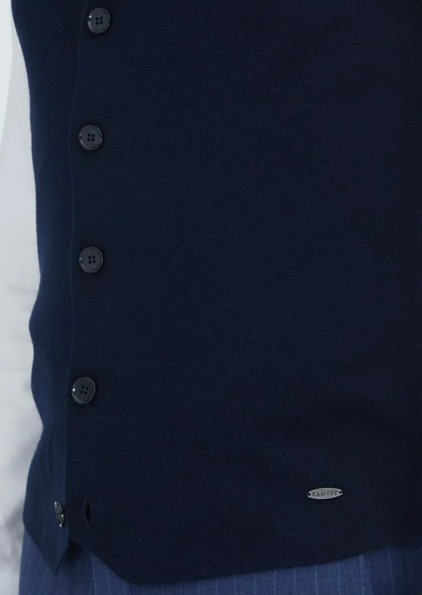 Navy Blue Regular Fit V-Neck Casual Knitting Knit Vest - 3