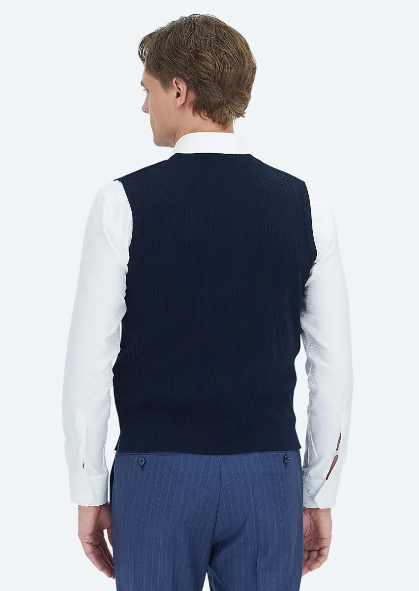 Navy Blue Regular Fit V-Neck Casual Knitting Knit Vest - 4
