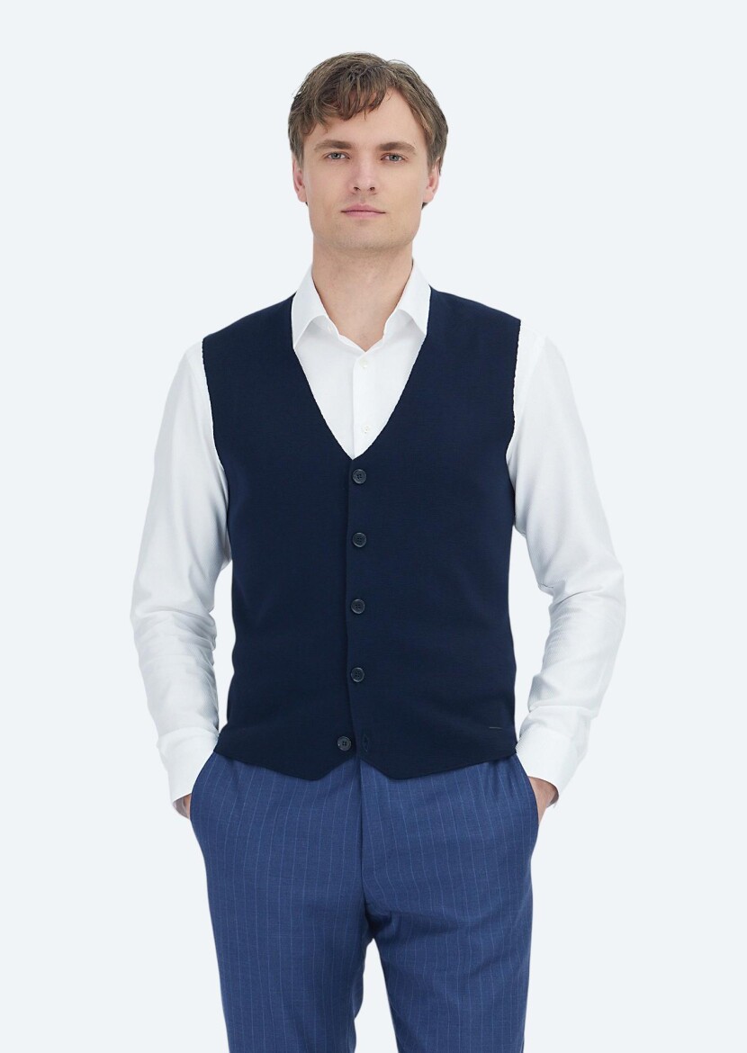 Navy Blue Regular Fit V-Neck Casual Knitting Knit Vest - 1
