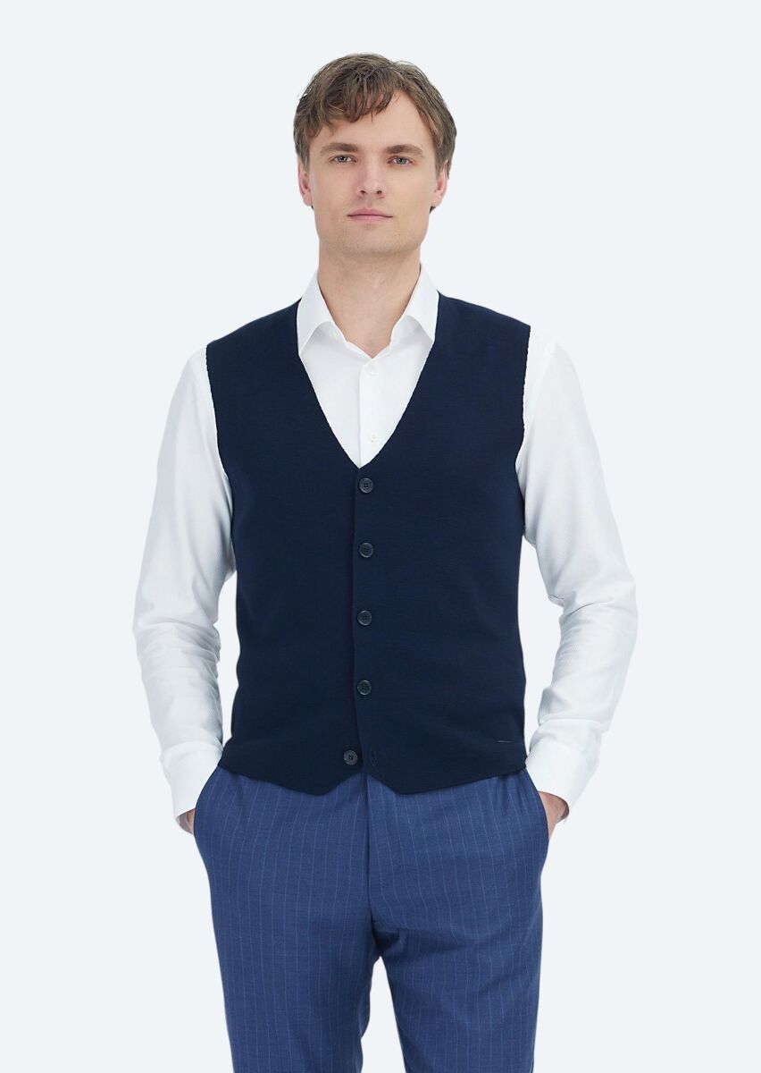 Navy Blue Regular Fit V-Neck Casual Knitting Knit Vest - 1
