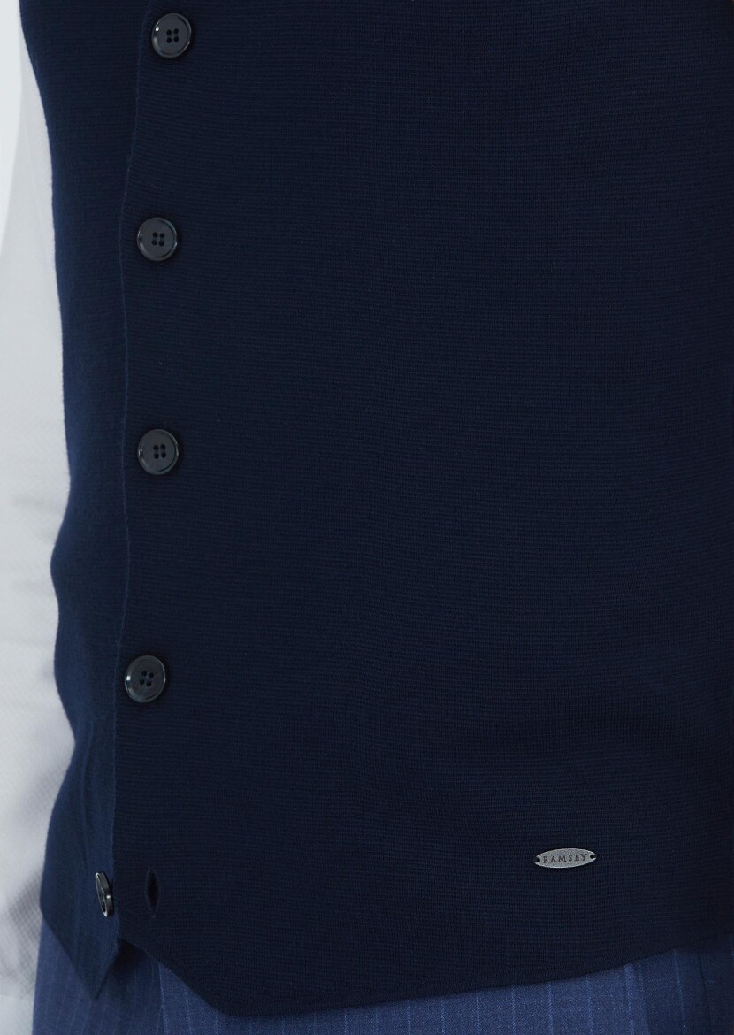 Navy Blue Regular Fit V-Neck Casual Knitting Knit Vest - 3