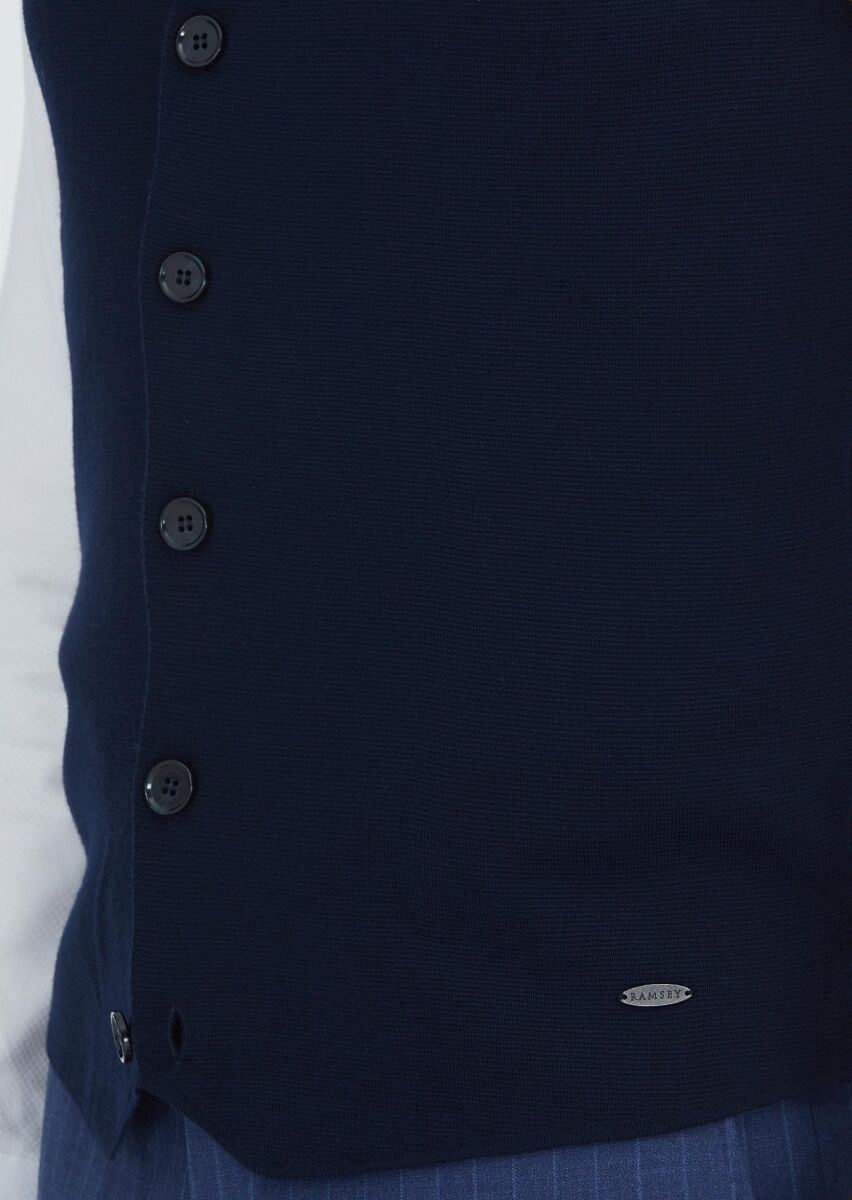 Navy Blue Regular Fit V-Neck Casual Knitting Knit Vest - 3