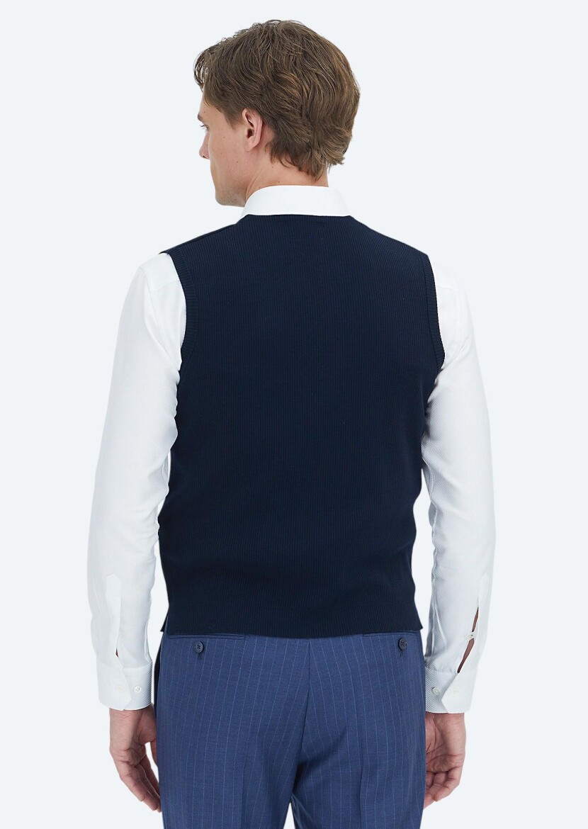 Navy Blue Regular Fit V-Neck Casual Knitting Knit Vest - 4