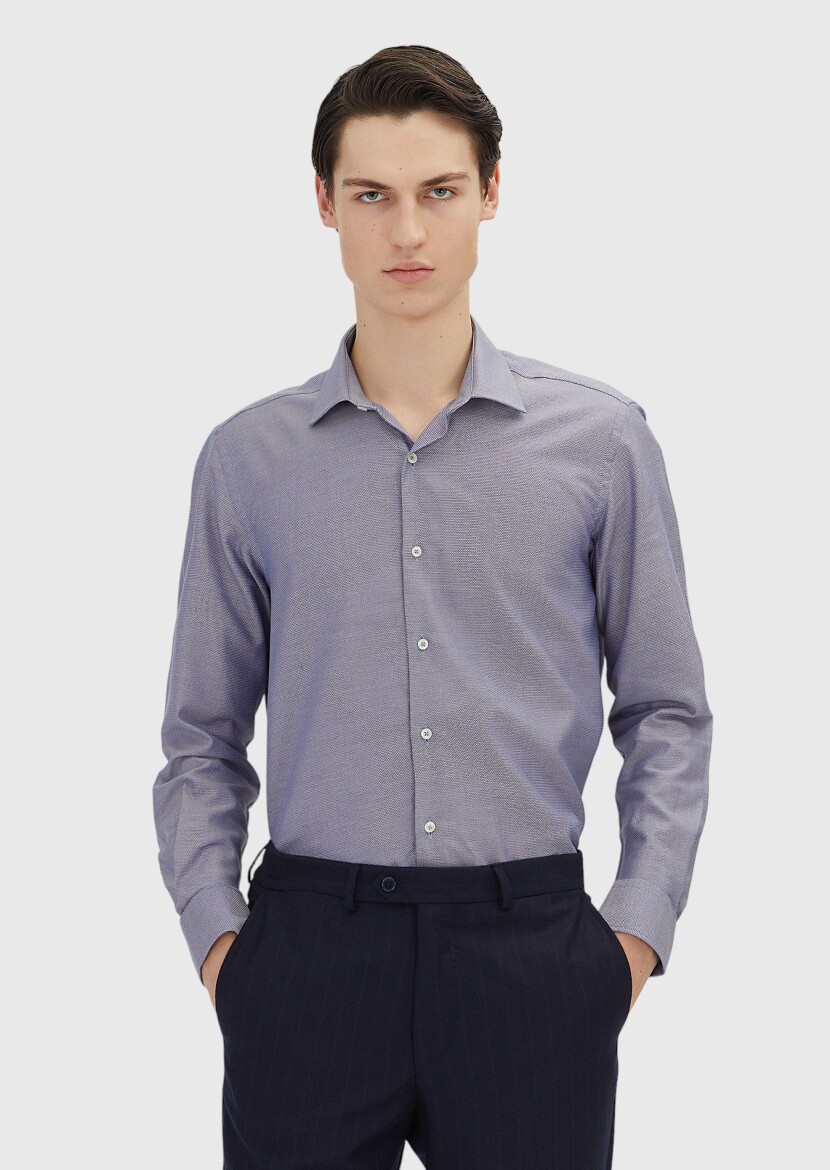 Navy Blue Regular Fit Weaving Classical 100% Cotton Shirt - RAMSEY