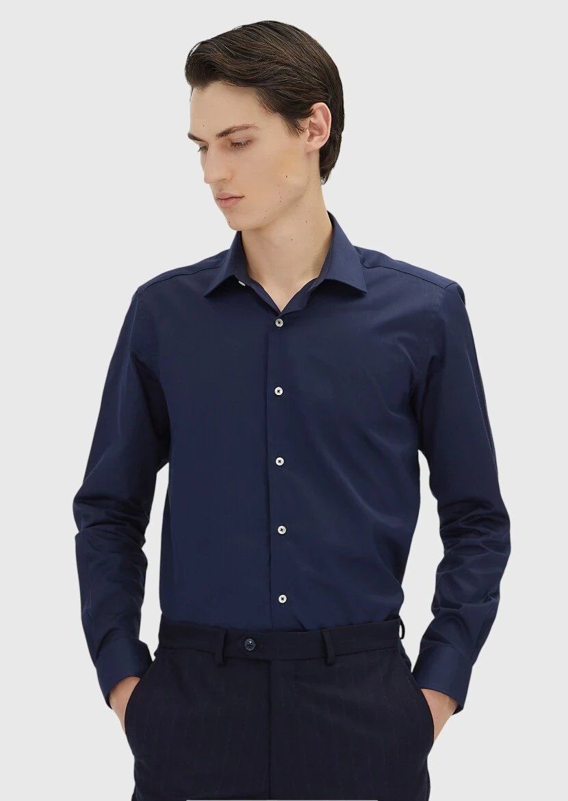 Navy Blue Regular Fit Weaving Classical 100% Cotton Shirt - RAMSEY