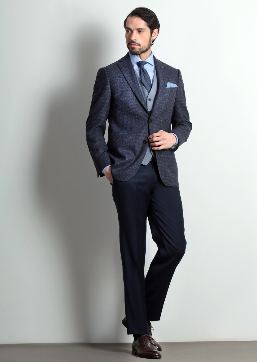 Navy Blue Regular Fit Wool Blended Jacket - 1