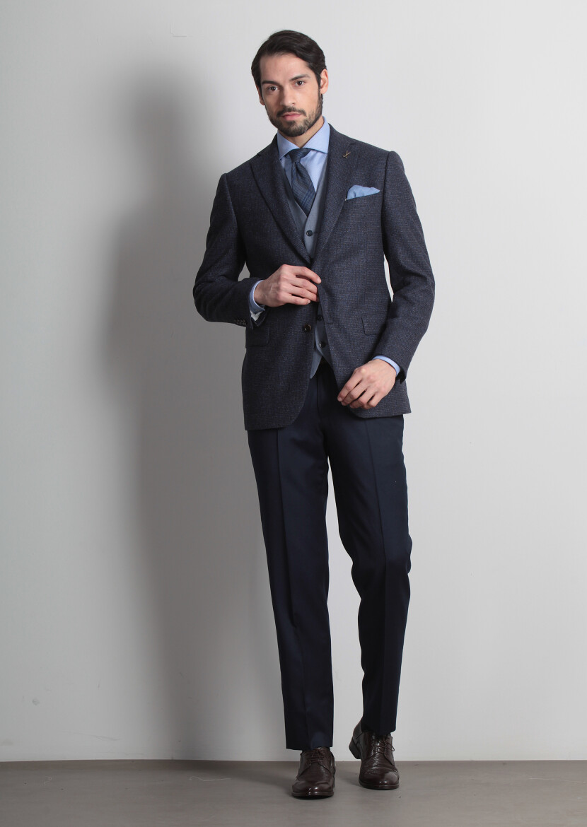 Navy Blue Regular Fit Wool Blended Jacket - 2
