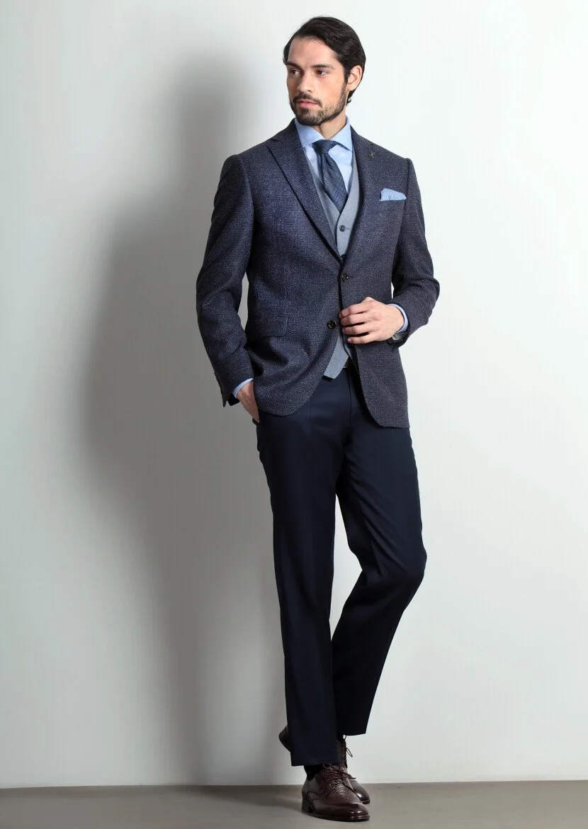 Navy Blue Regular Fit Wool Blended Jacket - 1