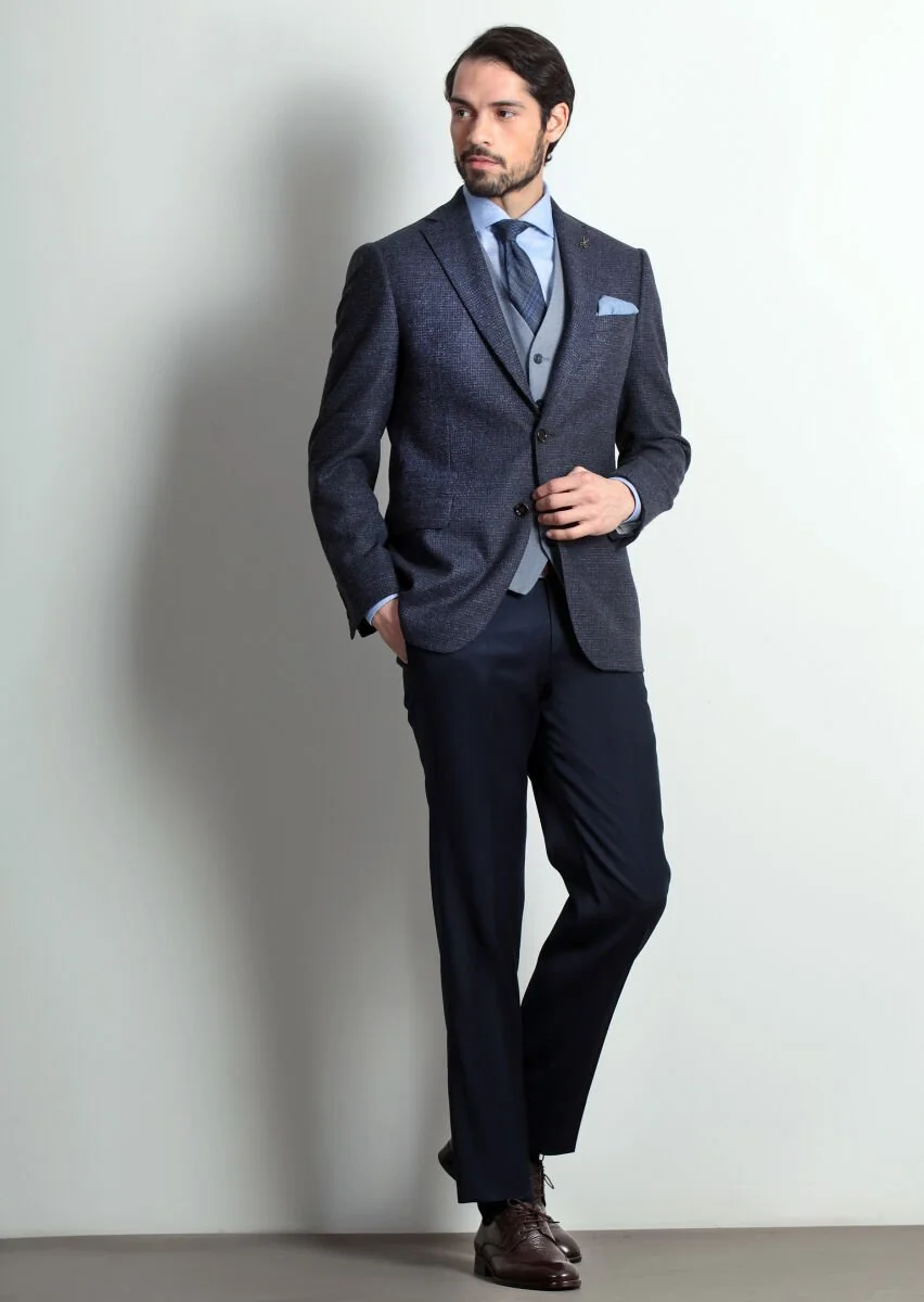 Navy Blue Regular Fit Wool Blended Jacket - 1