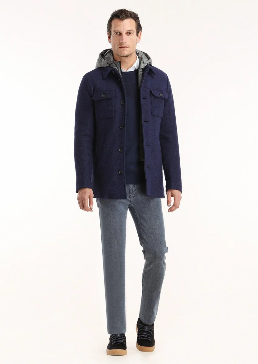 Navy Blue Removable Hood Knitting Coat - 1
