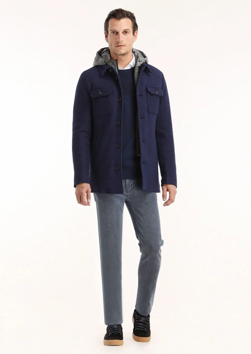 Navy Blue Removable Hood Knitting Coat - 1