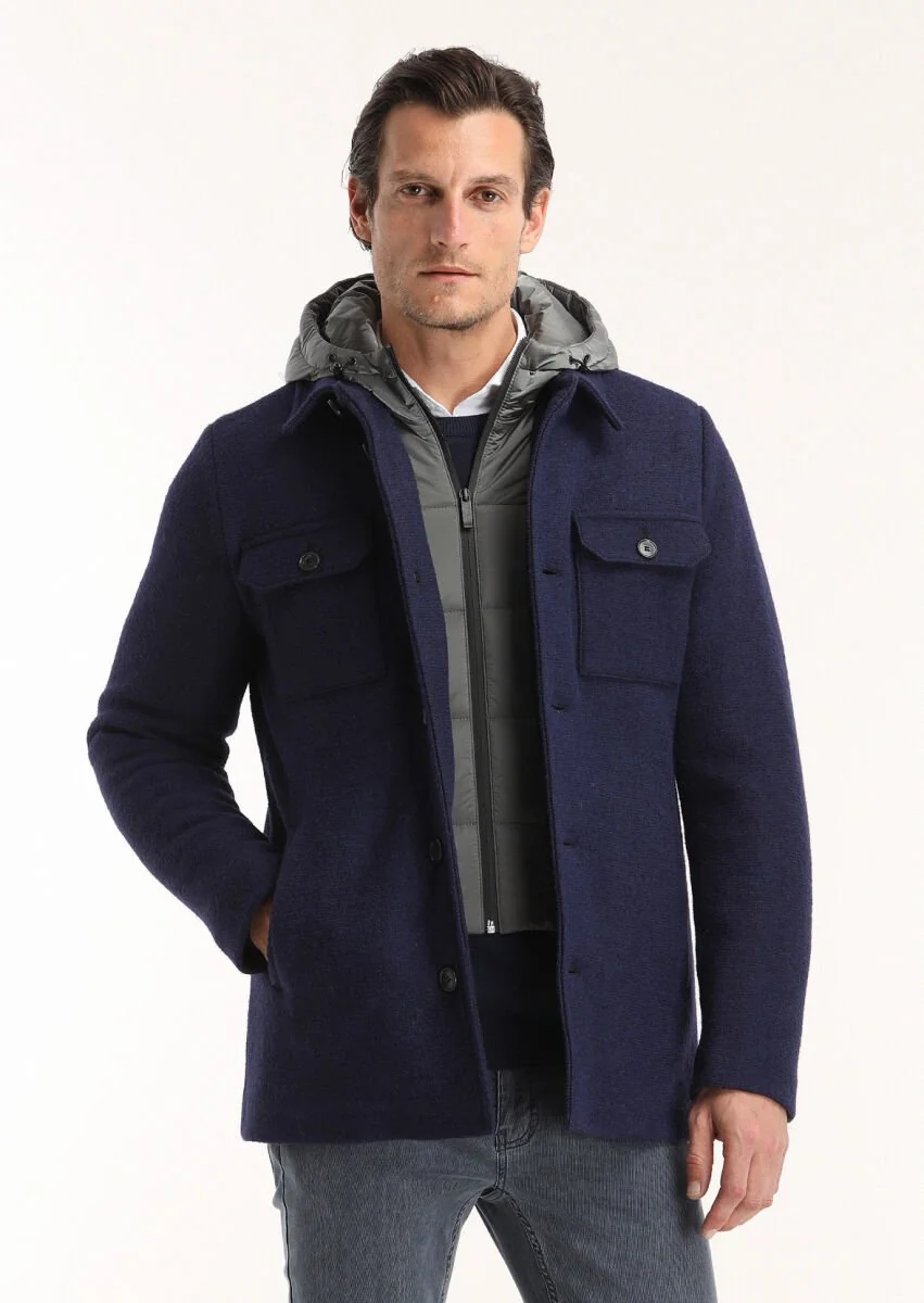 Navy Blue Removable Hood Knitting Coat - 2