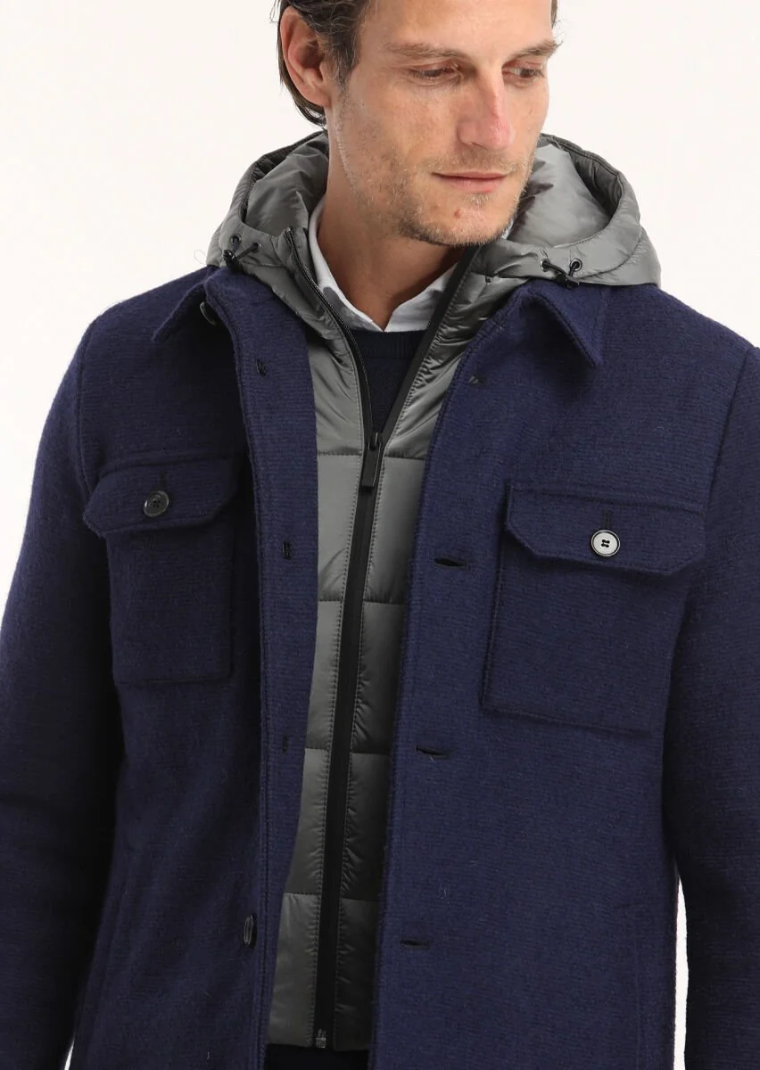 Navy Blue Removable Hood Knitting Coat - 3