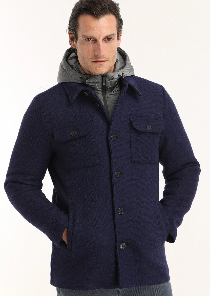 Navy Blue Removable Hood Knitting Coat - 4