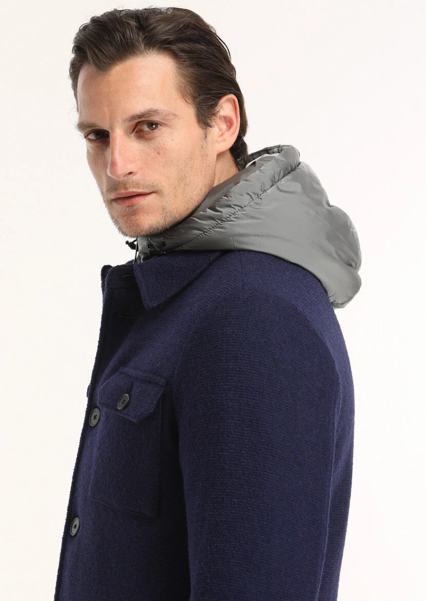 Navy Blue Removable Hood Knitting Coat - 5