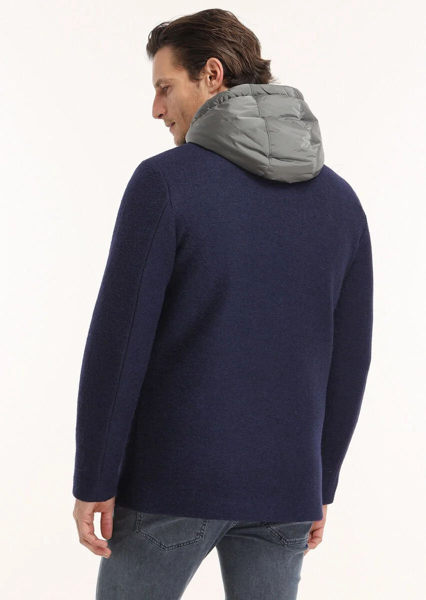 Navy Blue Removable Hood Knitting Coat - 6