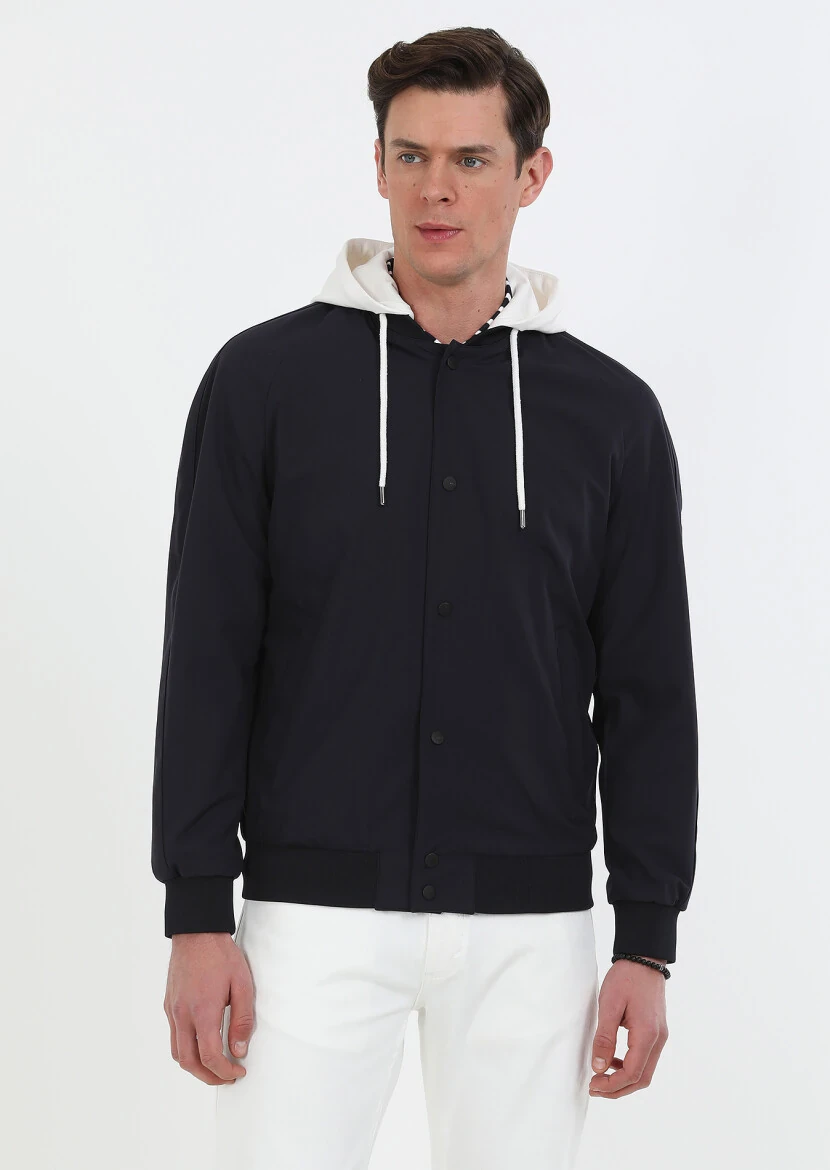 Navy Blue Removable Hood Weaving Coat - 1