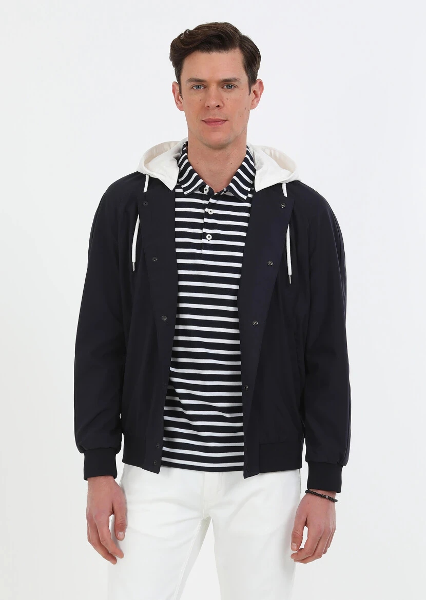 Navy Blue Removable Hood Weaving Coat - 2