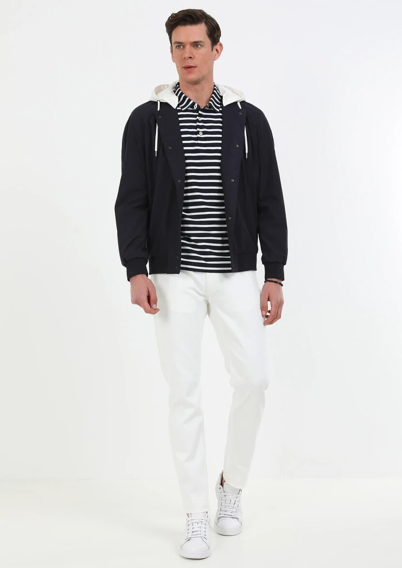 Navy Blue Removable Hood Weaving Coat - 3
